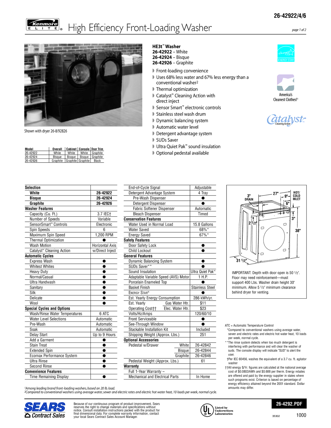 Kenmore 26-42924 warranty Selection, White, Bisque, Graphite 26-42926, Washer Features, Safety Features, Warranty 