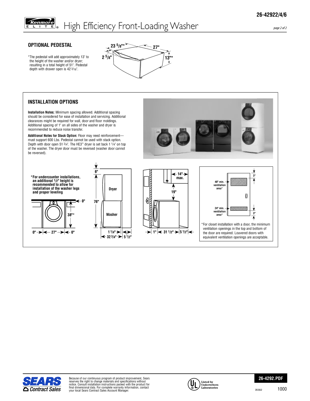 Kenmore 26-42922, 26-42926, 26-42924 warranty Optional Pedestal, Installation Options 