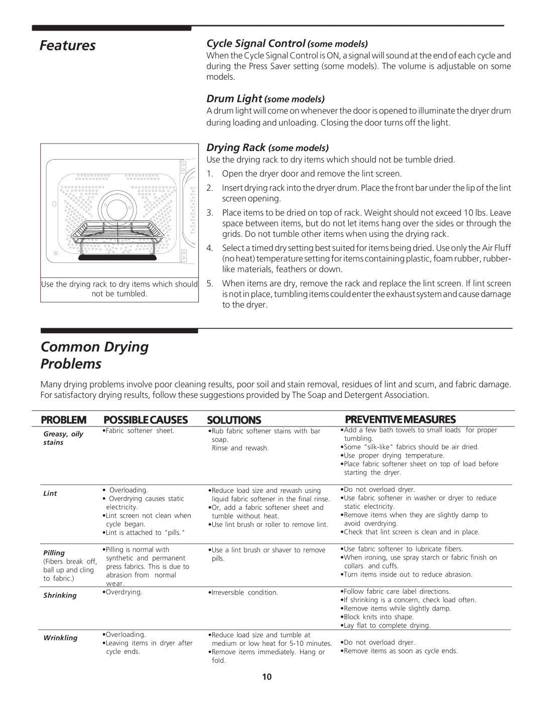 Kenmore 27" (69 cm) Wide LAUNDRY CENTER Washer - Electric Dryer P/N 134809700A manual Features, Common Drying Problems 