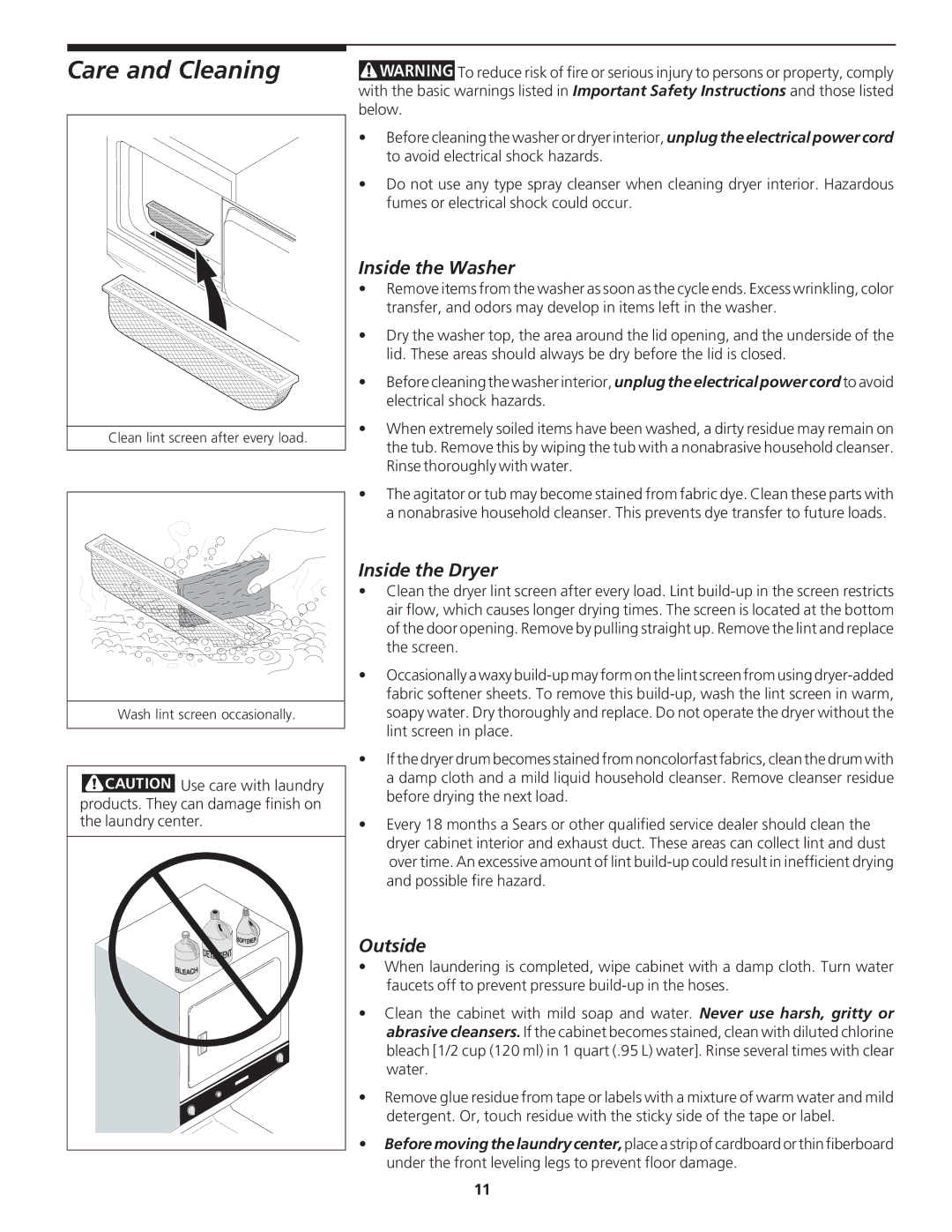 Kenmore 27" (69 cm) Wide LAUNDRY CENTER Washer - Electric Dryer P/N 134809700A manual Care and Cleaning, Inside the Washer 