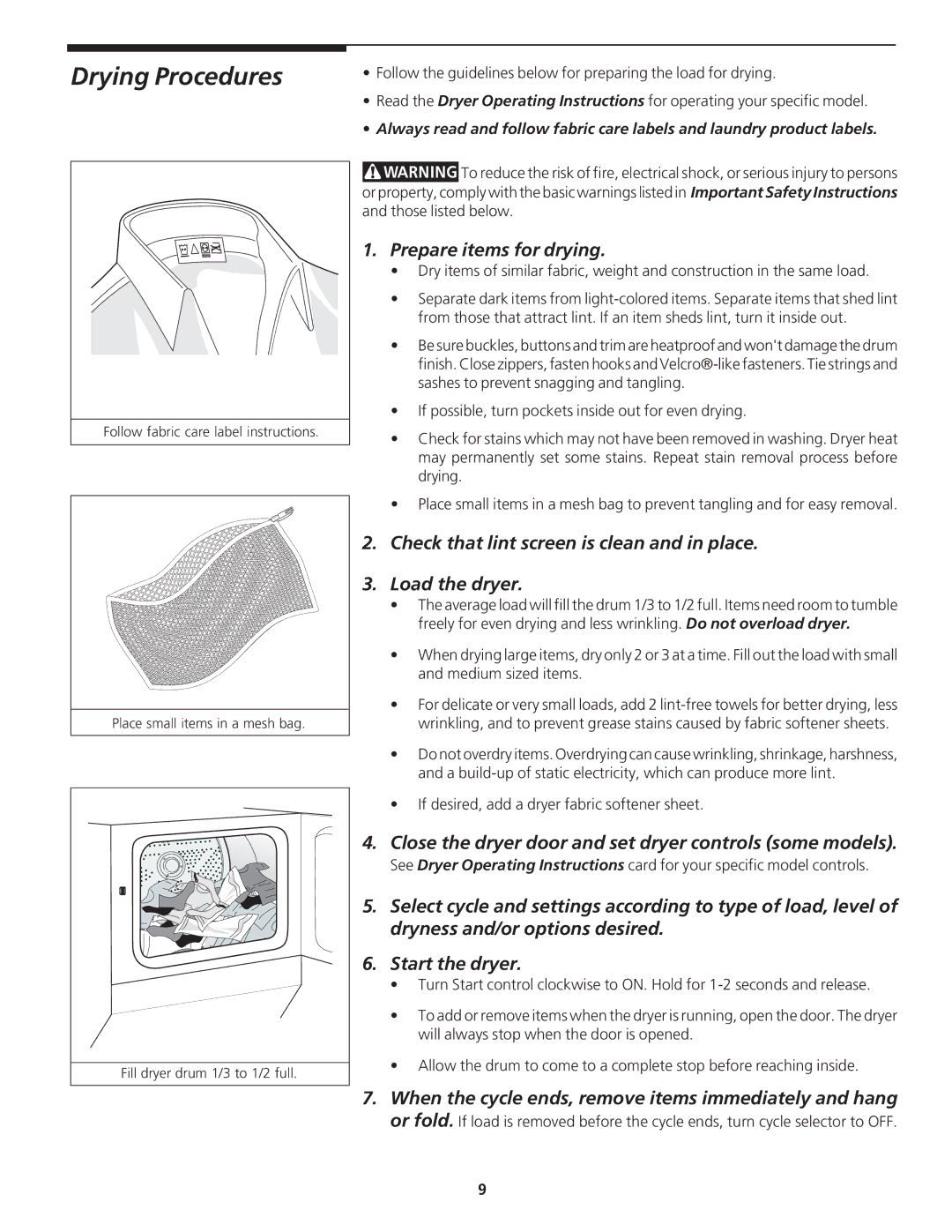 Kenmore 27" (69 cm) Wide LAUNDRY CENTER Washer - Electric Dryer P/N 134809700A Drying Procedures, Prepare items for drying 