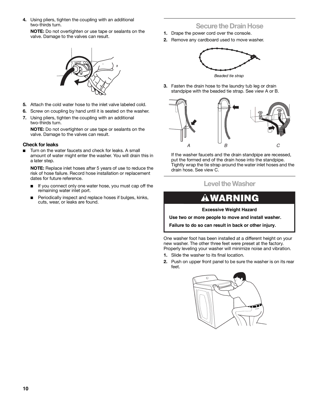 Kenmore 2709, 2708, 2707, 110.2706 manual Secure the Drain Hose, Level the Washer, Check for leaks 