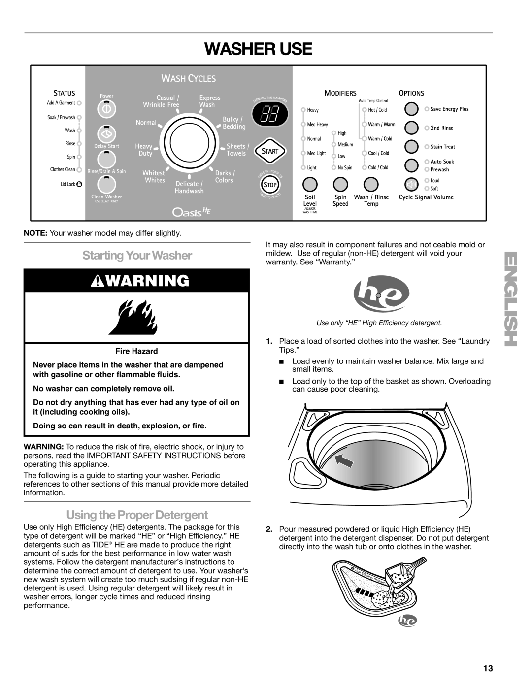 Kenmore 2707, 2708, 2709, 110.2706 manual Washer USE, Starting Your Washer, Using the Proper Detergent 