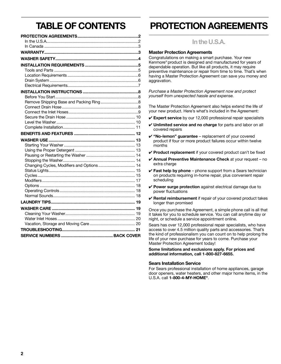 Kenmore 2709, 2708, 2707, 110.2706 manual Table of Contents, Protection Agreements 