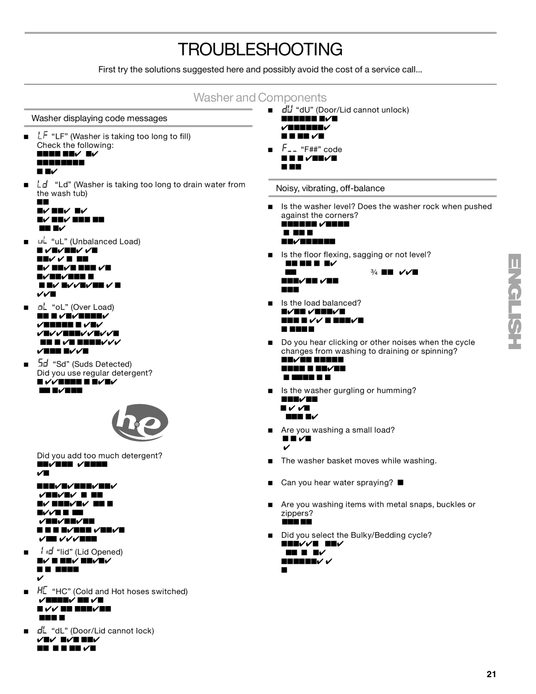 Kenmore 2707, 2708 Troubleshooting, Washer and Components, Washer displaying code messages, Noisy, vibrating, off-balance 