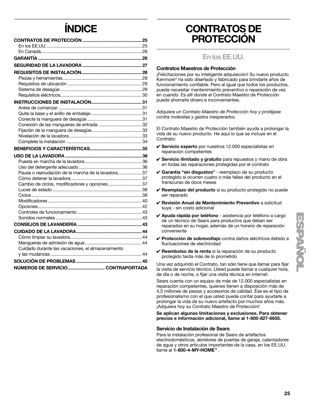 Kenmore 2707, 2708, 2709, 110.2706 manual Índice, Contratos DE Protección, En los EE.UU, Contratos Maestros de Protección 