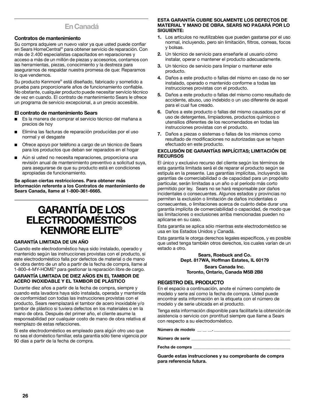 Kenmore 2709, 2708, 2707, 110.2706 Garantía DE LOS Electrodomésticos Kenmore Elite, En Canadá, Contratos de mantenimiento 