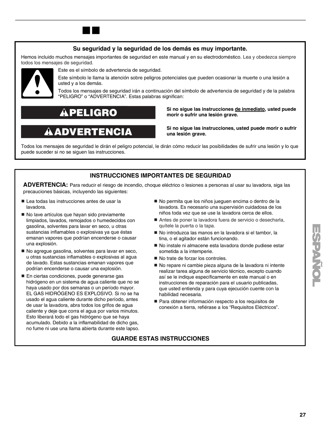 Kenmore 110.2706, 2708, 2707, 2709 manual Seguridad DE LA Lavadora, Su seguridad y la seguridad de los demás es muy importante 