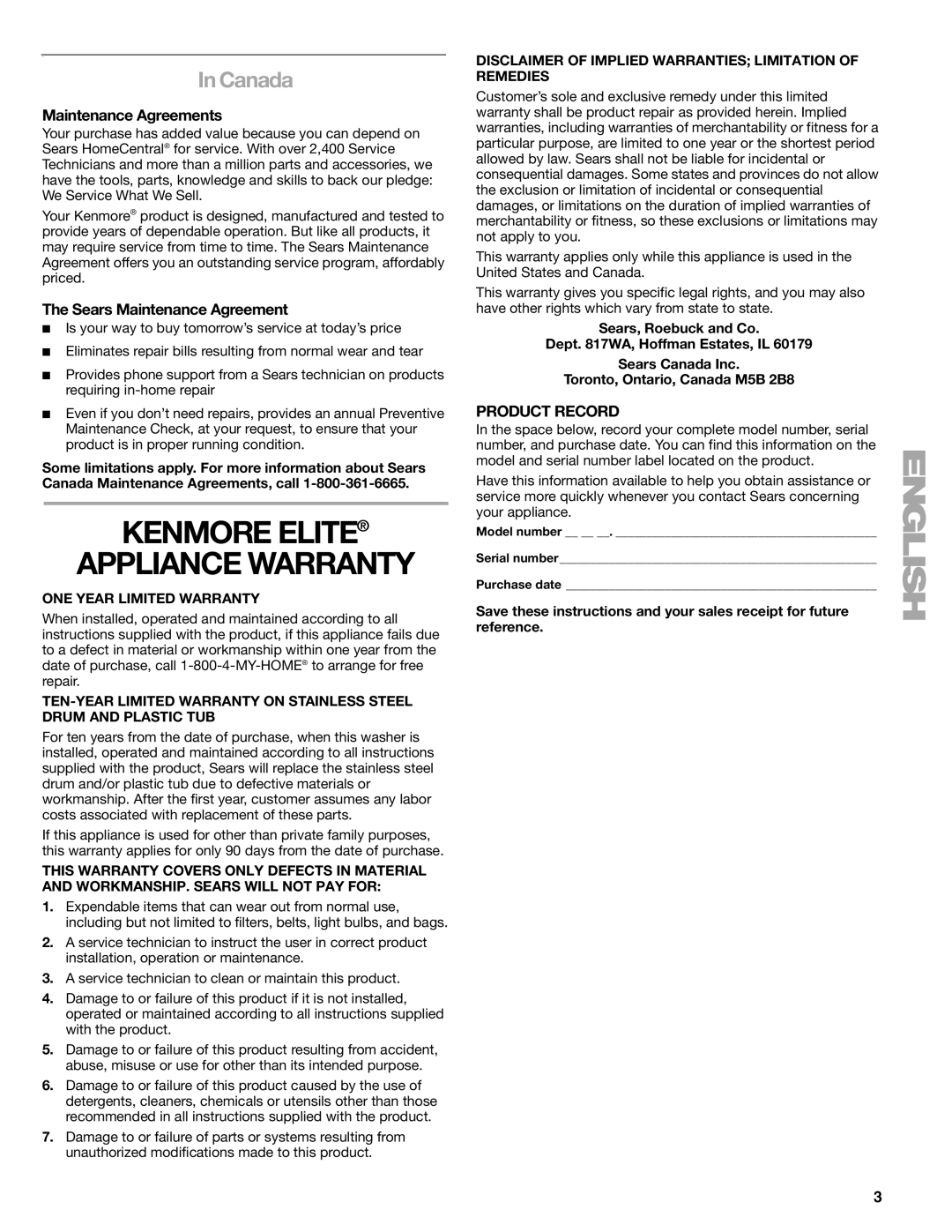 Kenmore 110.2706, 2708, 2707 Kenmore Elite Appliance Warranty, Canada, Maintenance Agreements, Sears Maintenance Agreement 