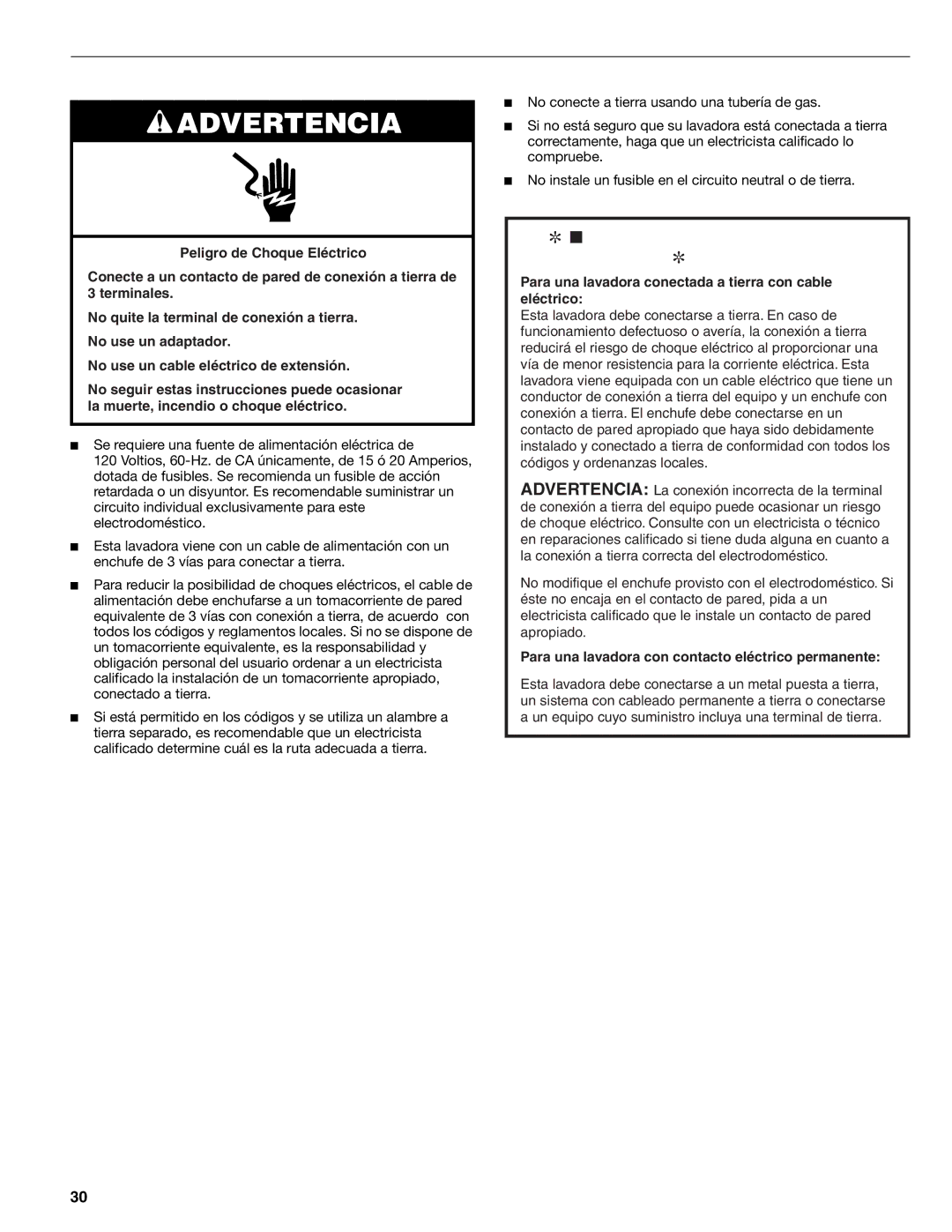 Kenmore 2709, 2708, 2707, 110.2706 manual Requisitos eléctricos, Instrucciones Para LA Conexión Tierra 