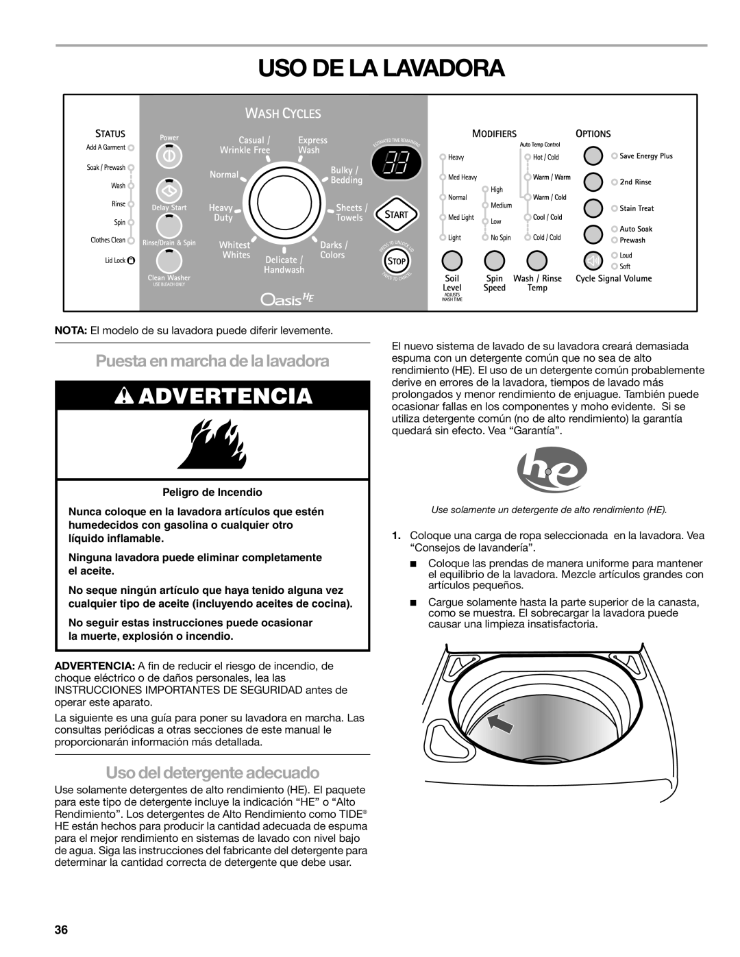 Kenmore 2708, 2707, 2709, 110.2706 manual USO DE LA Lavadora, Puesta en marcha de la lavadora, Uso del detergente adecuado 