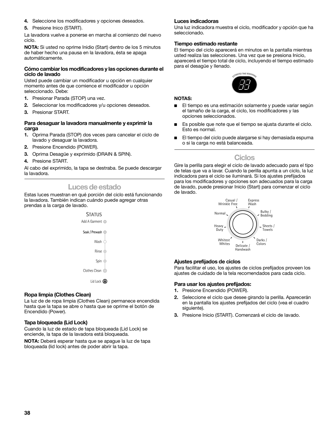 Kenmore 2709, 2708, 2707, 110.2706 manual Luces de estado, Ciclos 