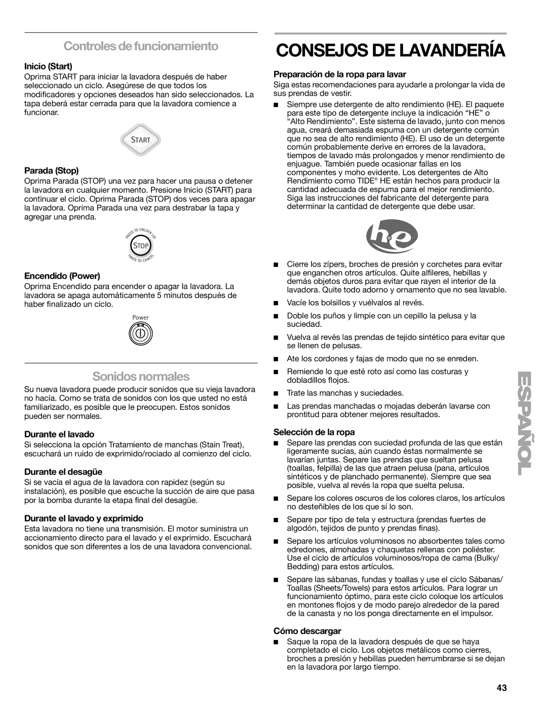 Kenmore 110.2706, 2708, 2707, 2709 manual Consejos DE Lavandería, Controles de funcionamiento, Sonidos normales 