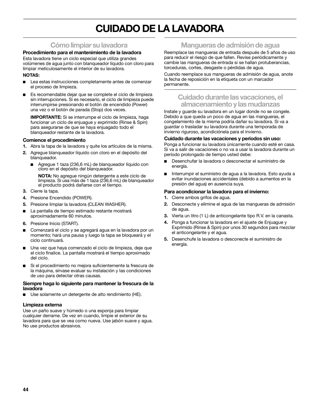 Kenmore 2708, 2707, 2709, 110.2706 manual Cuidado DE LA Lavadora, Cómo limpiar su lavadora, Mangueras de admisión de agua 