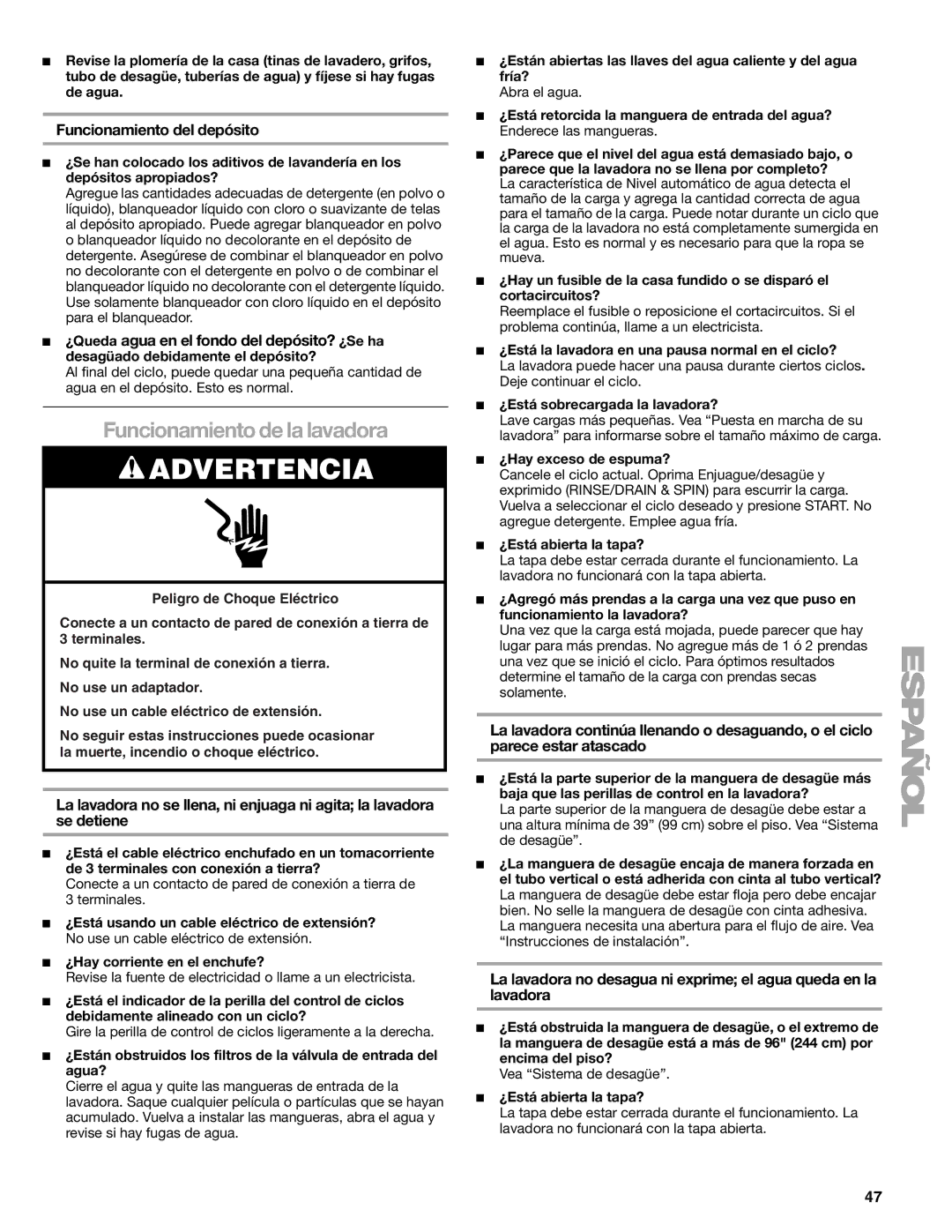 Kenmore 110.2706, 2708, 2707, 2709 manual Funcionamiento de la lavadora, Funcionamiento del depósito 