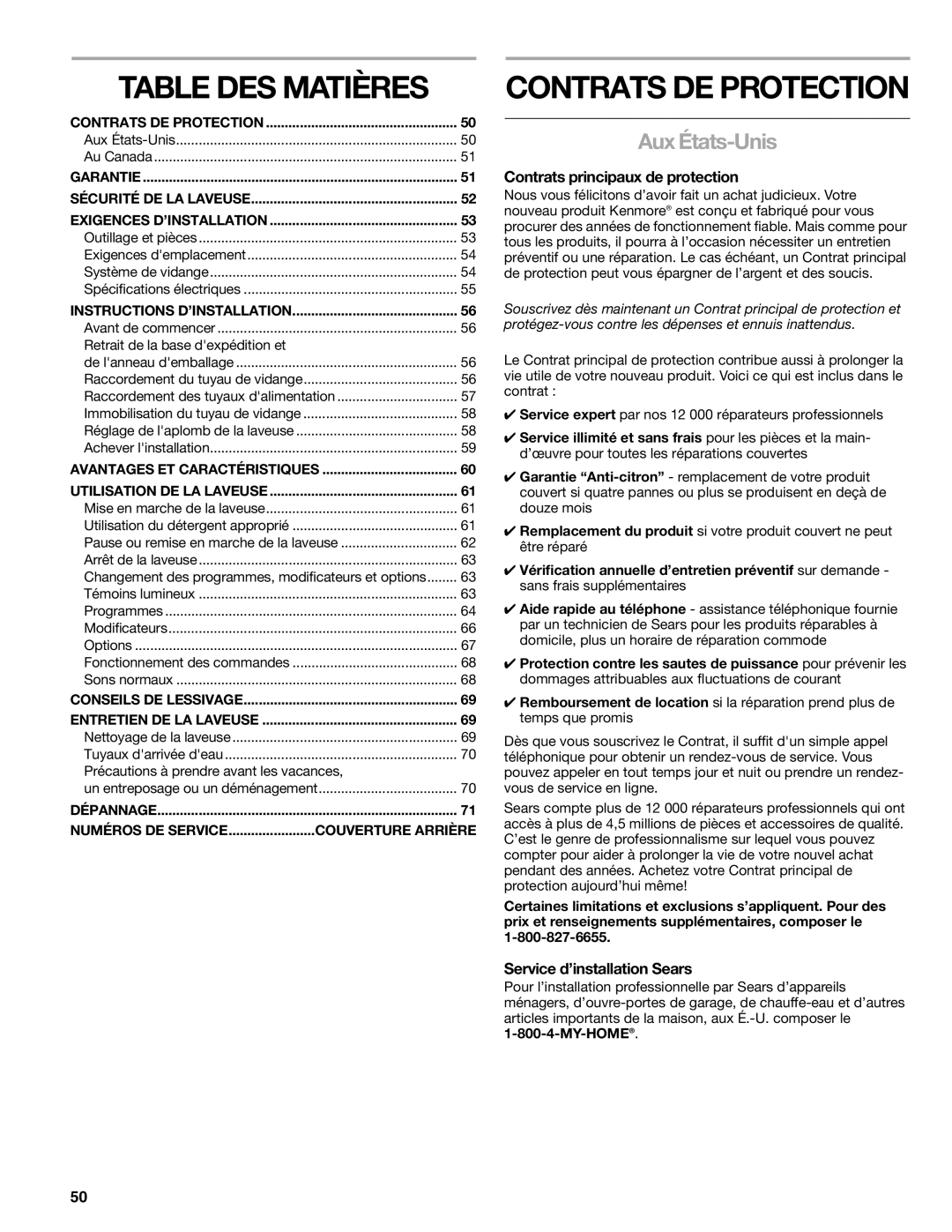 Kenmore 2709, 2708 Table DES Matières, Aux États-Unis, Contrats principaux de protection, Service d’installation Sears 