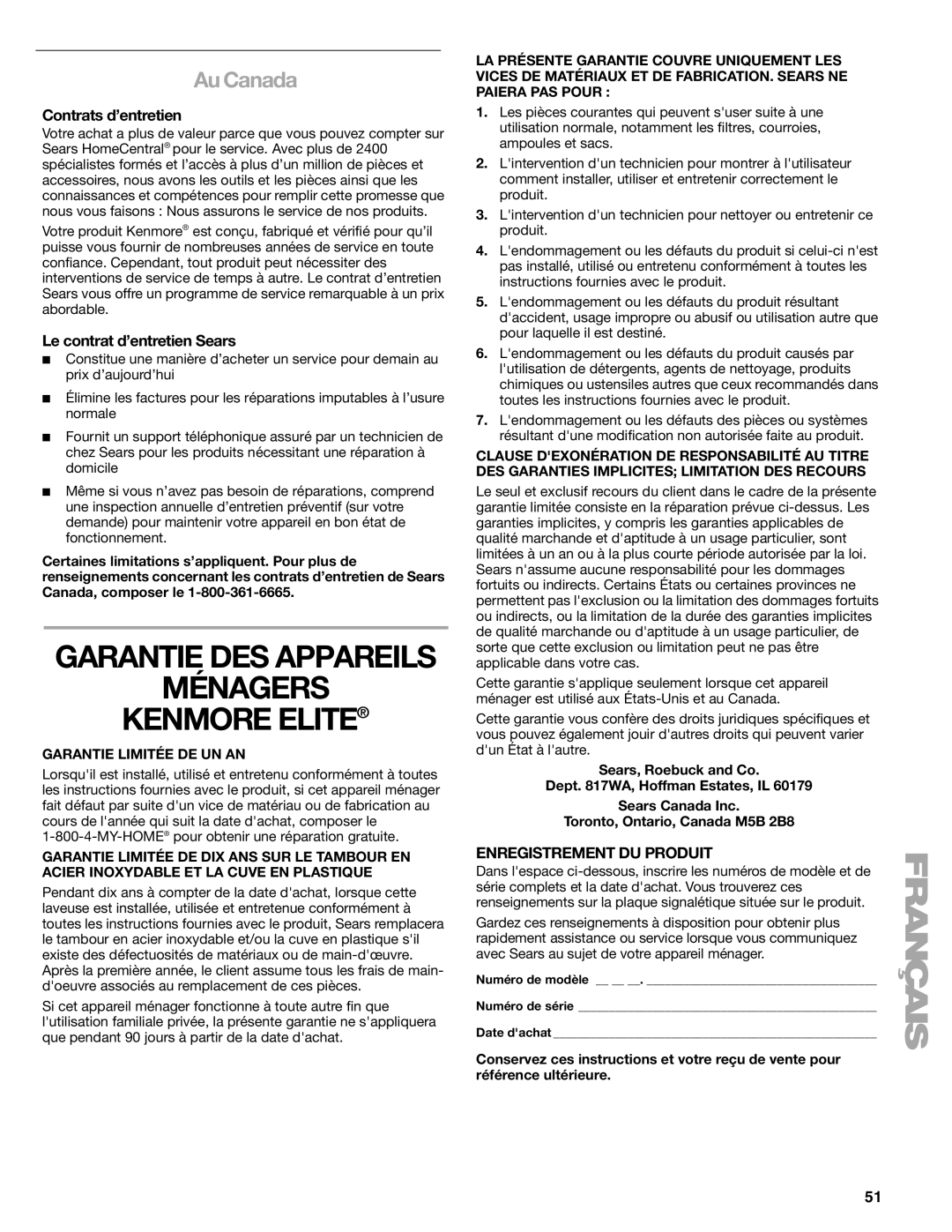 Kenmore 110.2706, 2708, 2707, 2709 Ménagers Kenmore Elite, Au Canada, Contrats d’entretien, Le contrat d’entretien Sears 