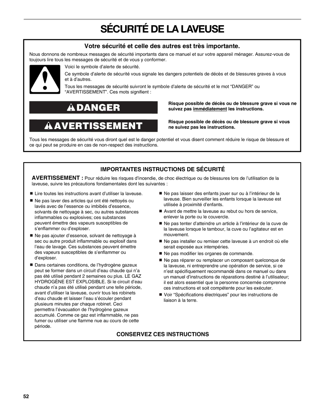 Kenmore 2708, 2707, 2709, 110.2706 manual Sécurité DE LA Laveuse, Votre sécurité et celle des autres est très importante 