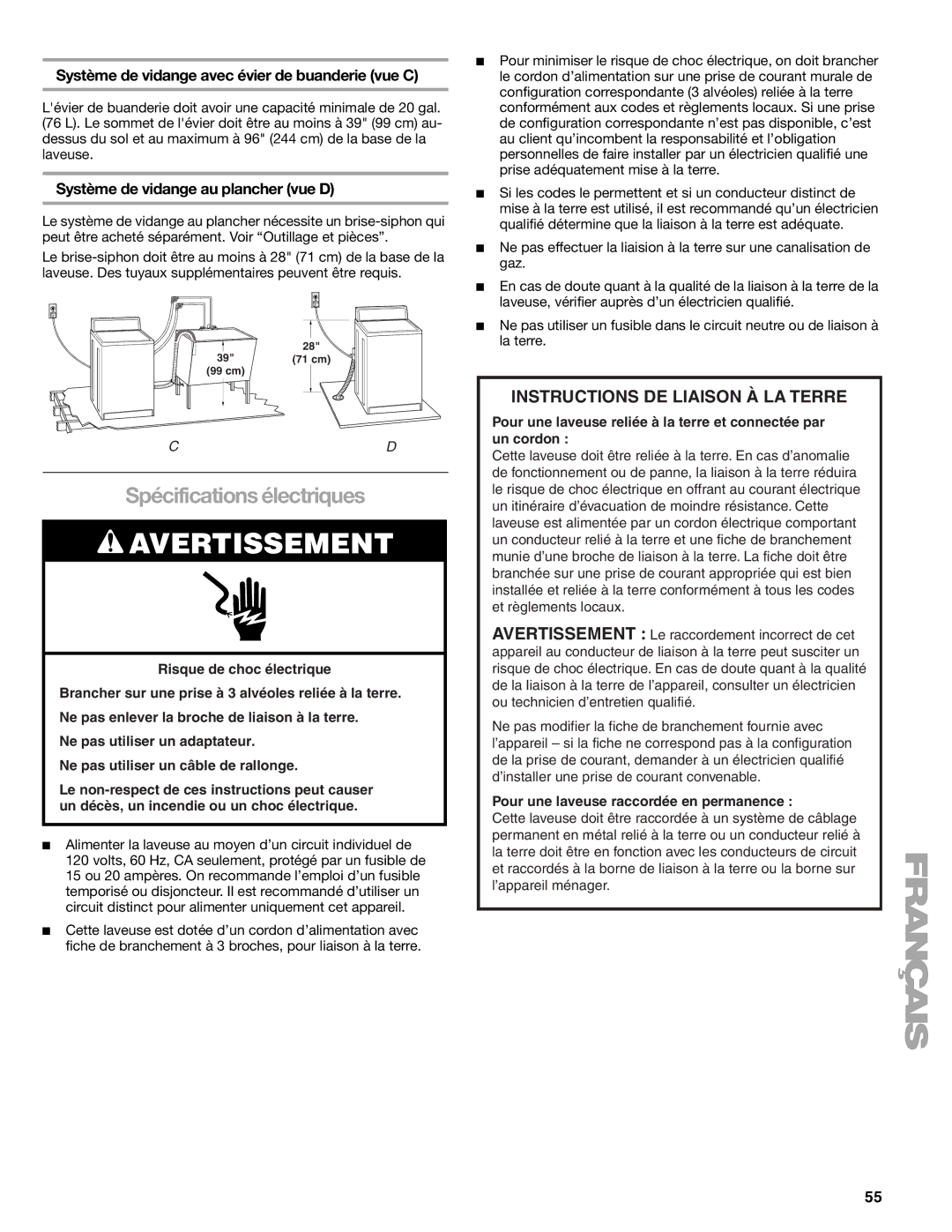 Kenmore 110.2706, 2708, 2707, 2709 manual Spécifications électriques, Système de vidange avec évier de buanderie vue C 