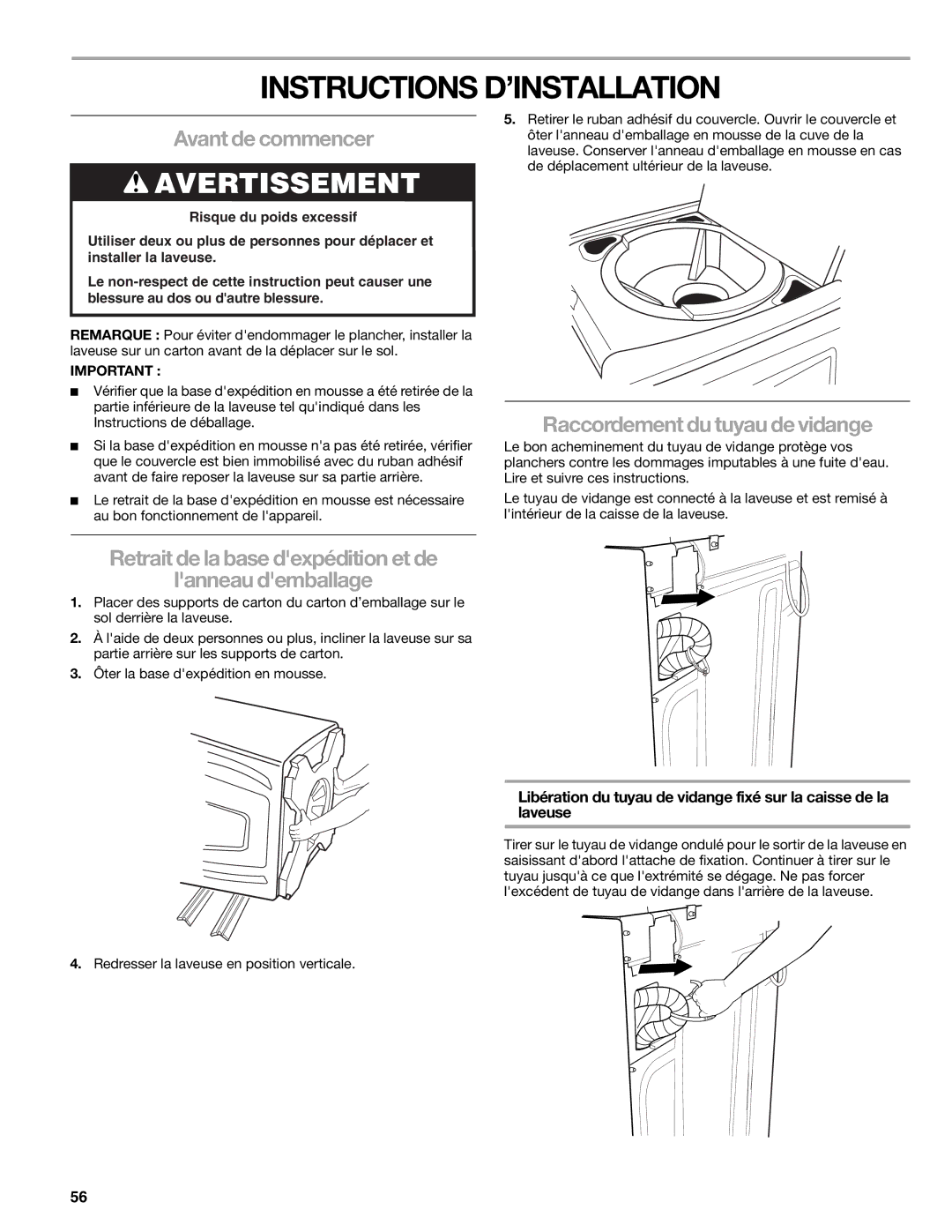 Kenmore 2708, 2707, 2709, 110.2706 manual Instructions D’INSTALLATION, Avant de commencer, Raccordement du tuyau de vidange 