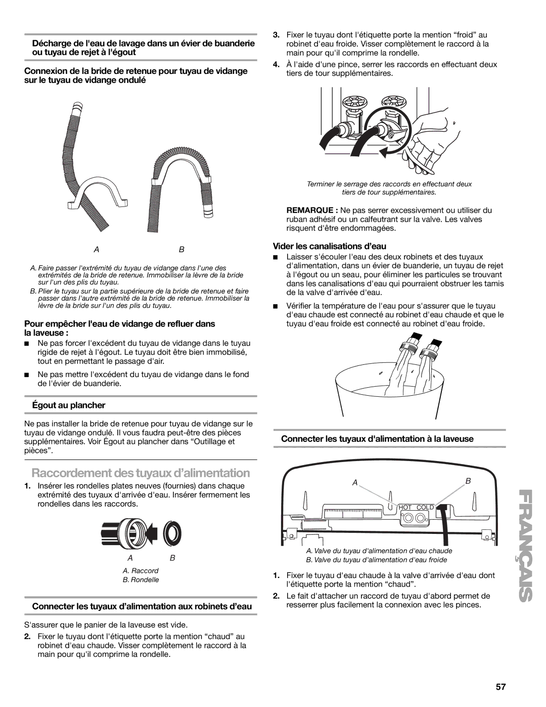 Kenmore 2707, 2708, 2709, 110.2706 manual Raccordement des tuyaux d’alimentation 