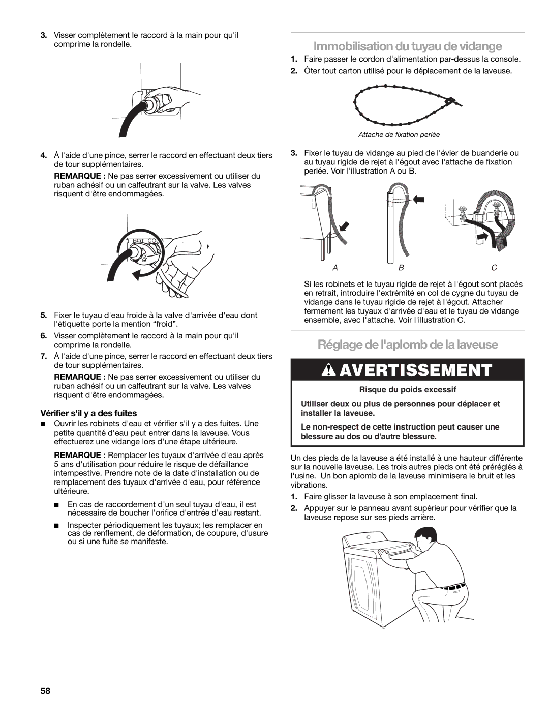 Kenmore 2709, 2708, 2707 Immobilisation du tuyau de vidange, Réglage de laplomb de la laveuse, Vérifier sil y a des fuites 