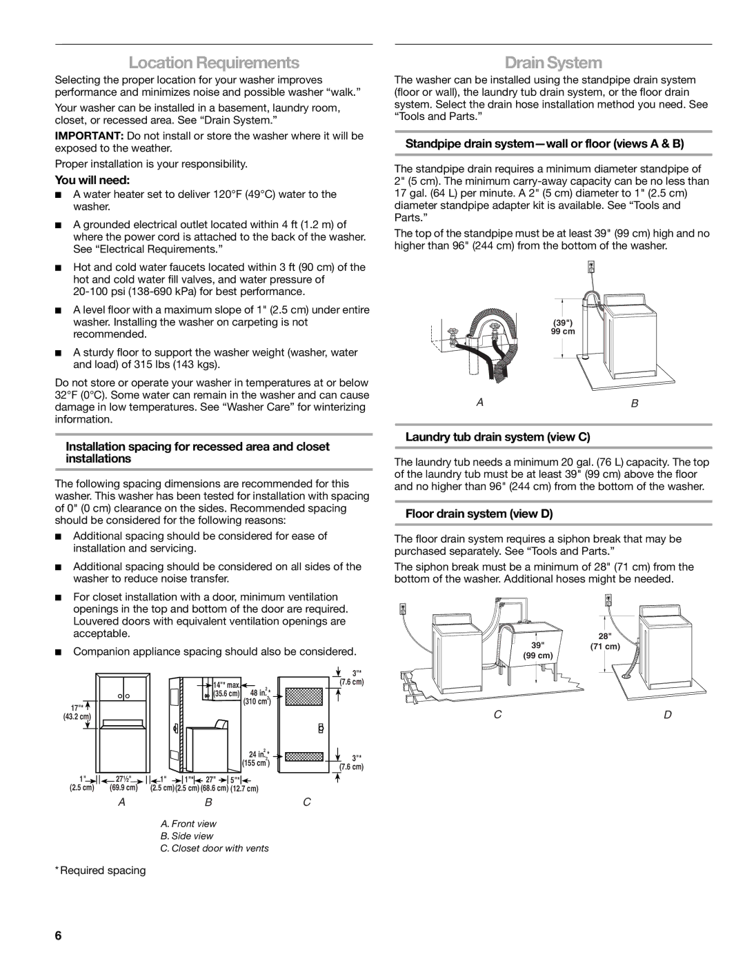 Kenmore 2709, 2708, 2707, 110.2706 manual Location Requirements, Drain System 