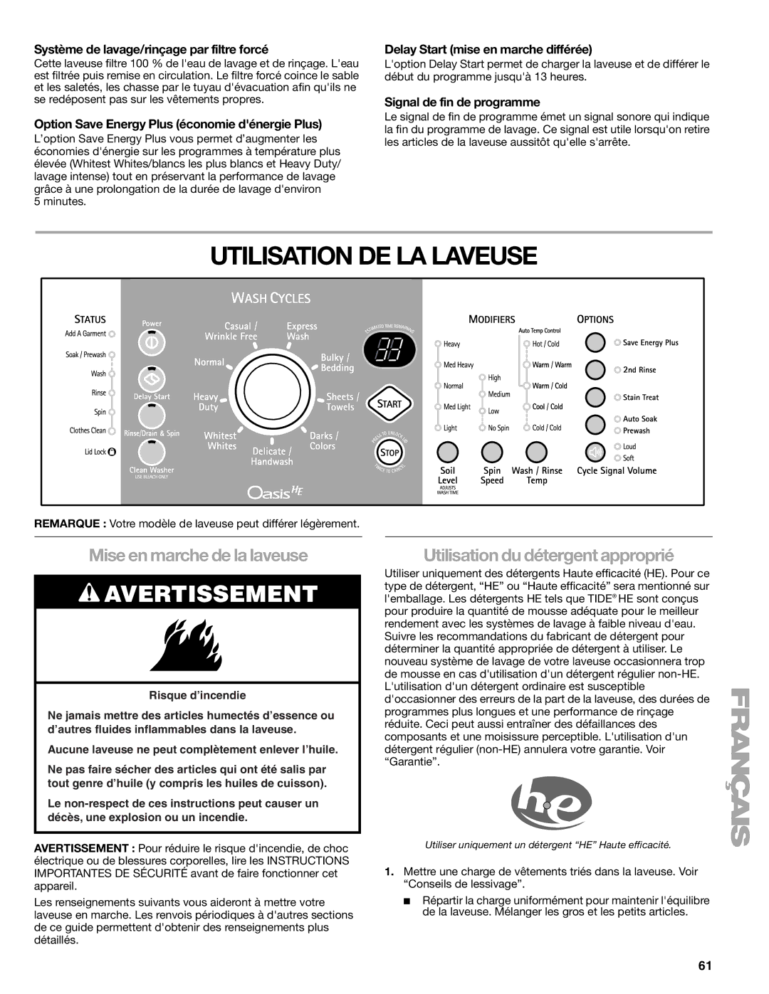 Kenmore 2707, 2708, 2709 manual Utilisation DE LA Laveuse, Mise en marche de la laveuse, Utilisation du détergent approprié 