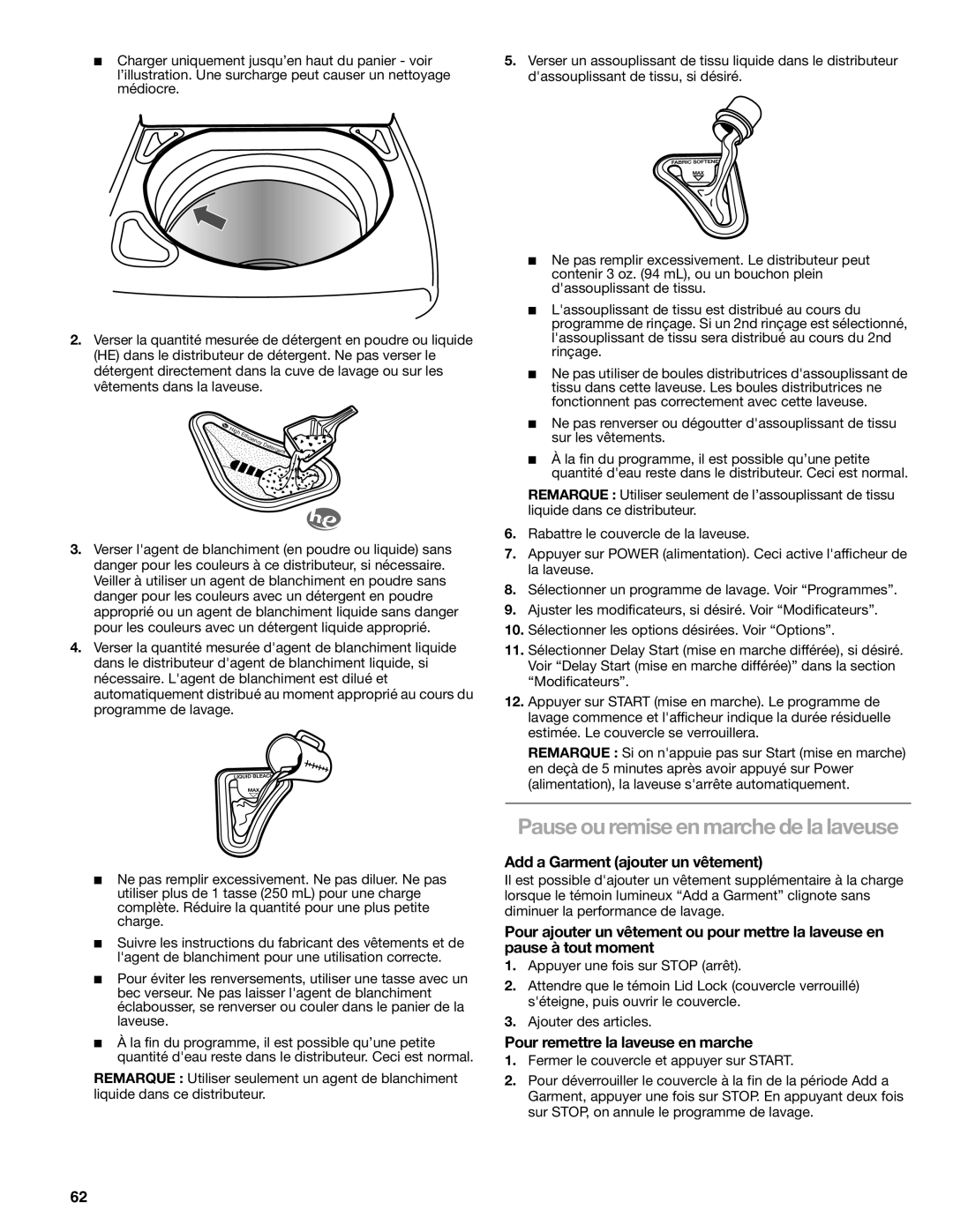 Kenmore 2709, 2708, 2707, 110.2706 manual Add a Garment ajouter un vêtement, Pour remettre la laveuse en marche 