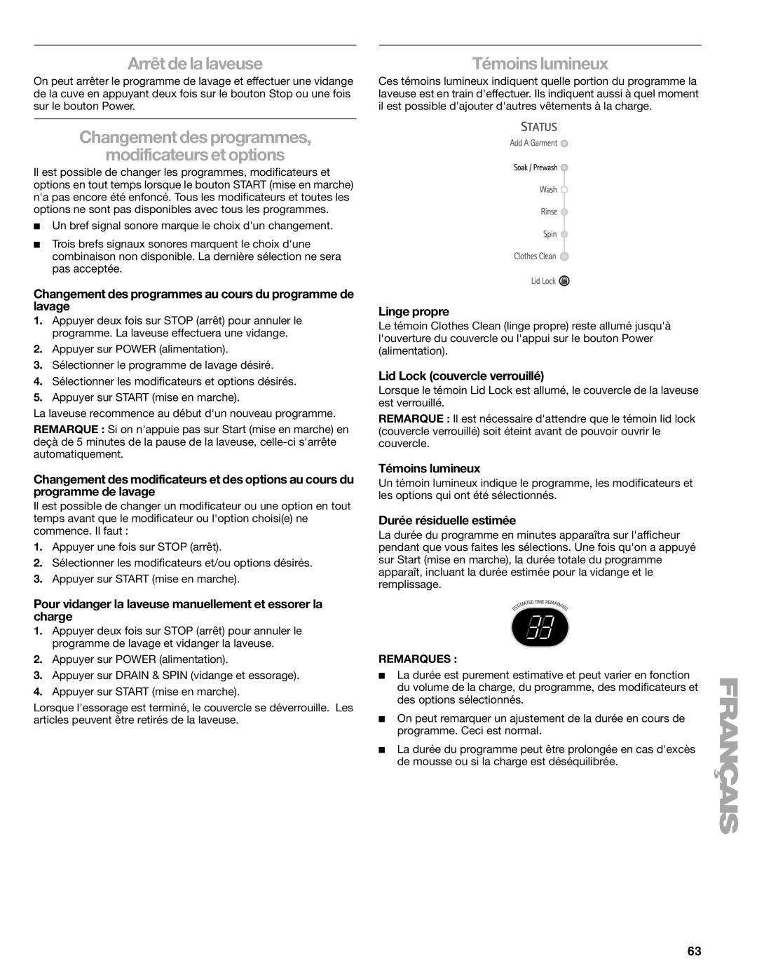 Kenmore 110.2706, 2708, 2707, 2709 Arrêt de la laveuse, Témoins lumineux, Changement des programmes Modificateurs et options 