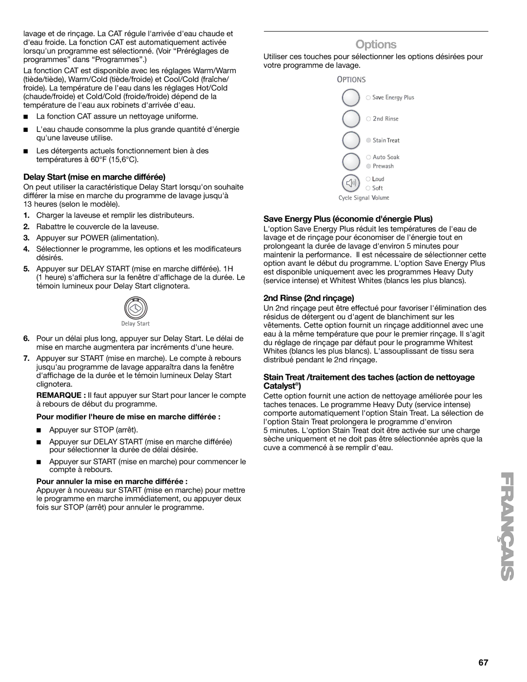 Kenmore 110.2706 Save Energy Plus économie dénergie Plus, 2nd Rinse 2nd rinçage, Pour annuler la mise en marche différée 