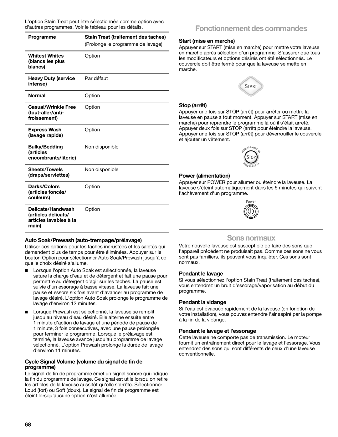 Kenmore 2708, 2707, 2709, 110.2706 manual Fonctionnement des commandes, Sons normaux 