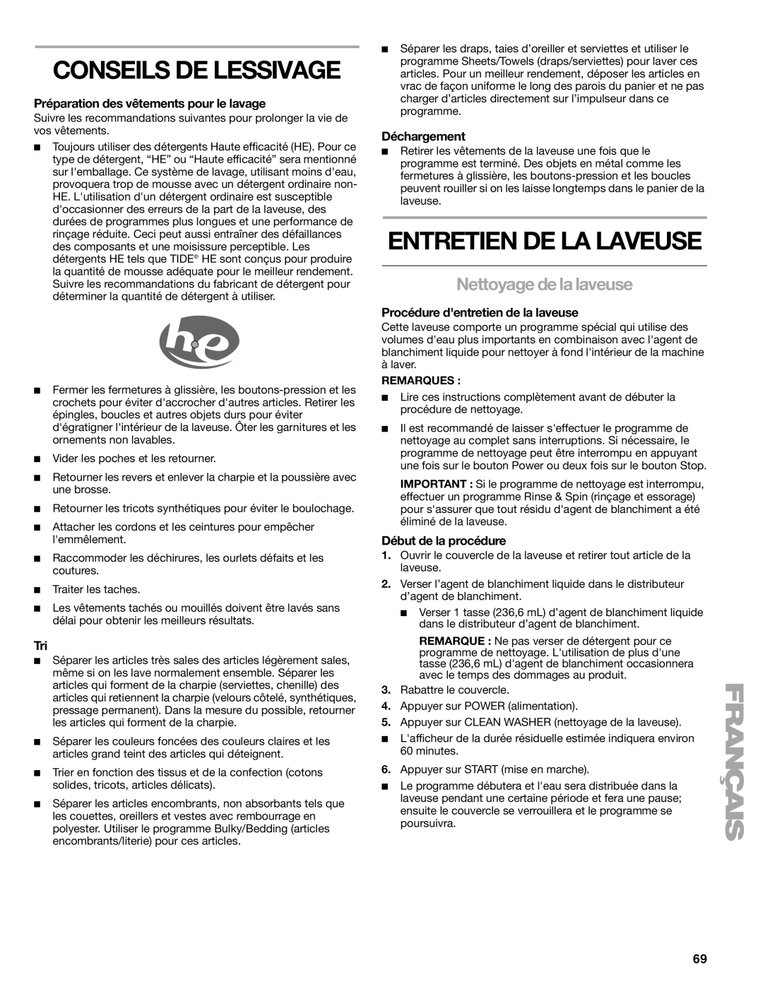 Kenmore 2707, 2708, 2709, 110.2706 manual Conseils DE Lessivage, Entretien DE LA Laveuse, Nettoyage de la laveuse 