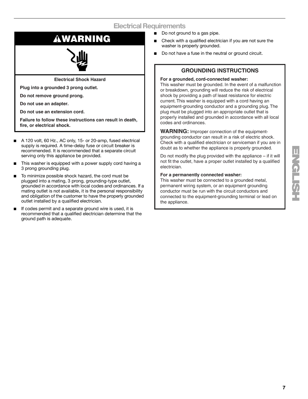 Kenmore 110.2706, 2708, 2707, 2709 manual Electrical Requirements, Grounding Instructions 