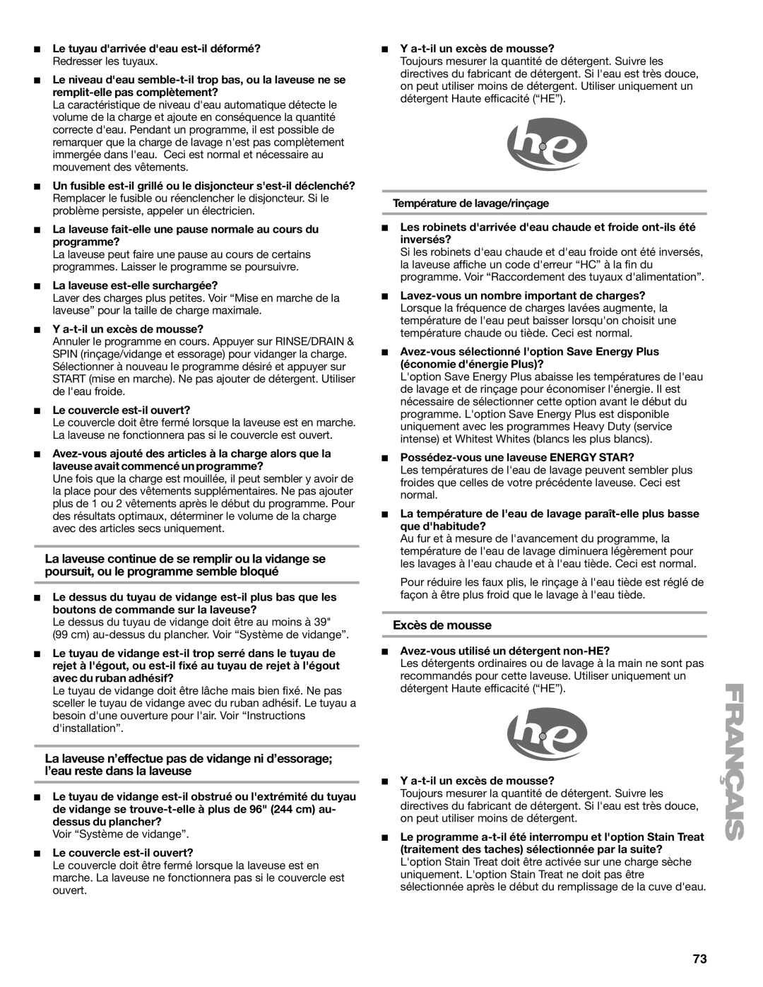 Kenmore 2707, 2708, 2709, 110.2706 manual Excès de mousse 