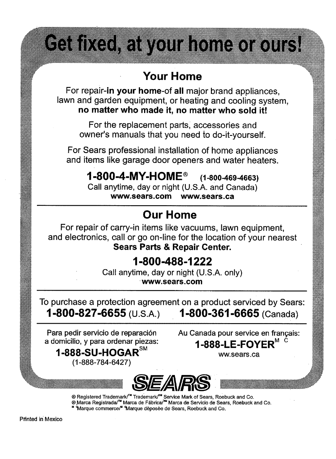 Kenmore 28502 warranty Your Home, Ww.sears.ca 