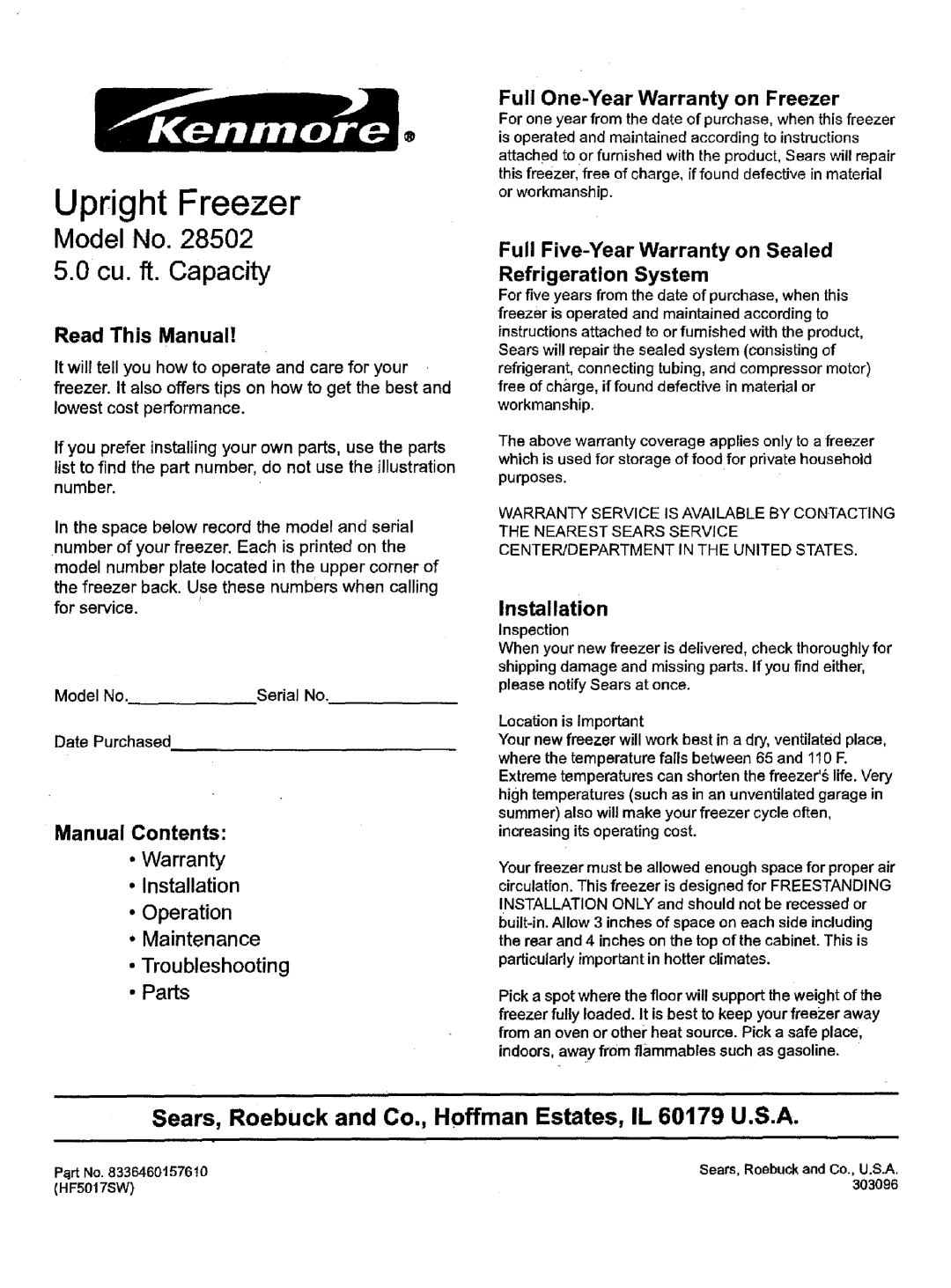 Kenmore warranty Model No. 28502 5.0 cu. ft. Capacity, Upright Freezer, Read This Manual, Manual Contents, Installation 
