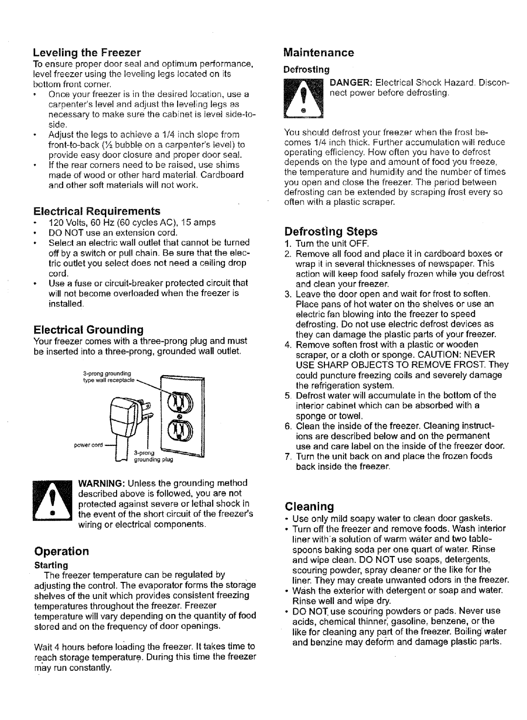 Kenmore 28502 warranty Operation, Electrical Grounding, Defrosting Steps, Leveling the Freezer, Electrical Requirements 