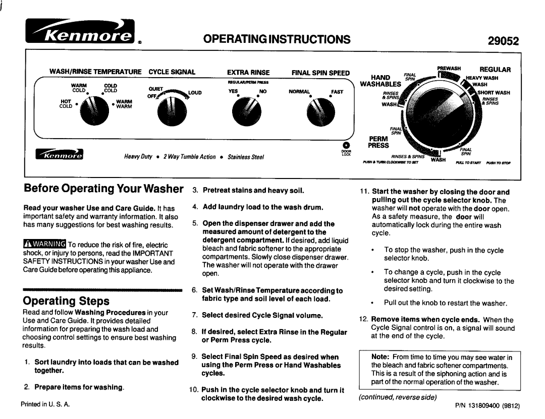 Kenmore 29052 operating instructions Operating Instructions, Before Operating Your Washer, Operating Steps 
