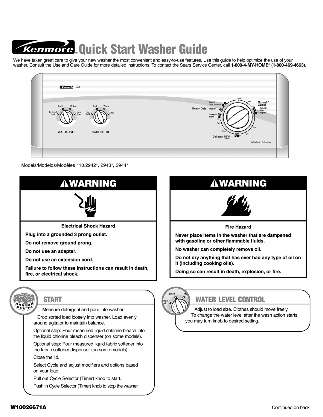 Kenmore 2944*, 2943*, W10026671A, 110.2942* quick start Start, Water Level Control 