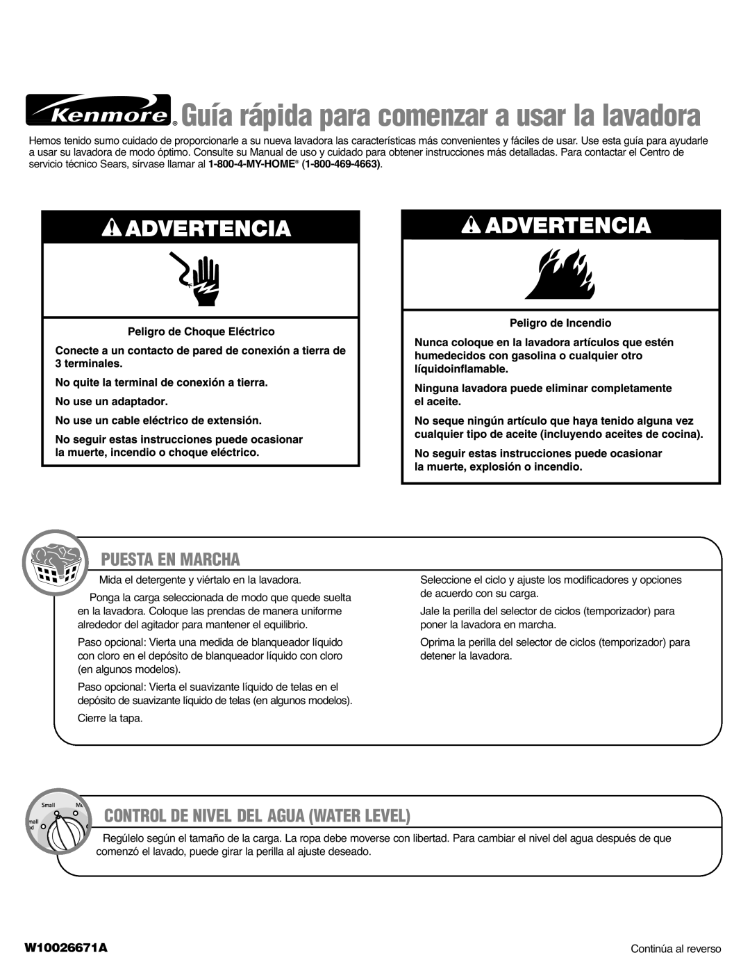 Kenmore W10026671A, 2943*, 2944*, 110.2942* quick start Puesta EN Marcha, Control DE Nivel DEL Agua Waterlevel 