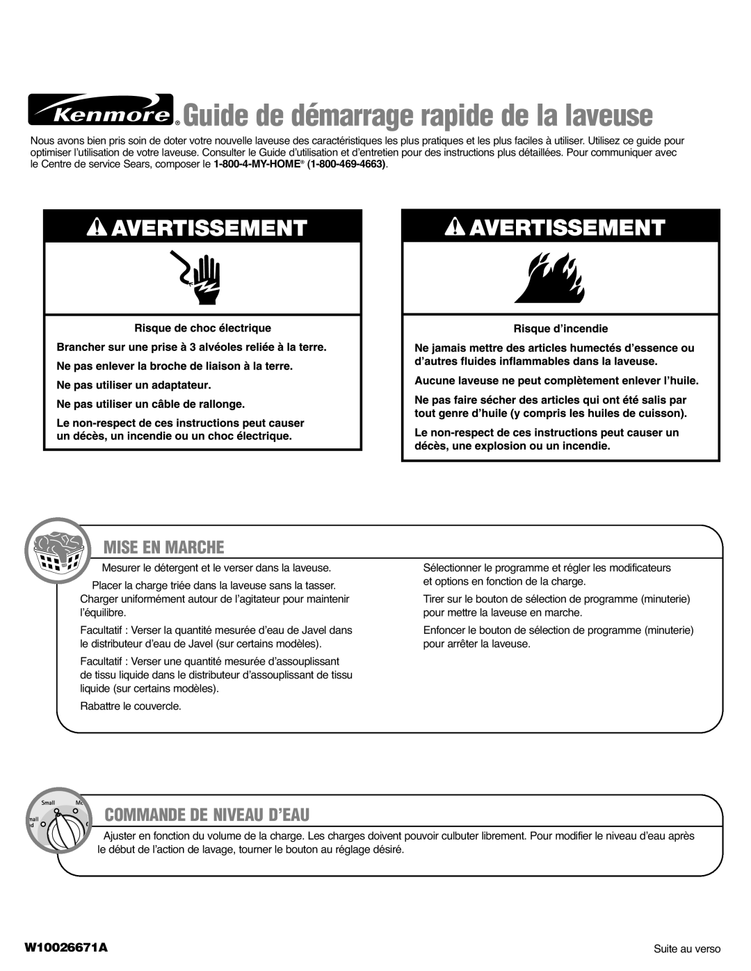 Kenmore 110.2942*, 2943*, 2944*, W10026671A quick start Mise EN Marche, Commande DE Niveau D’EAU 