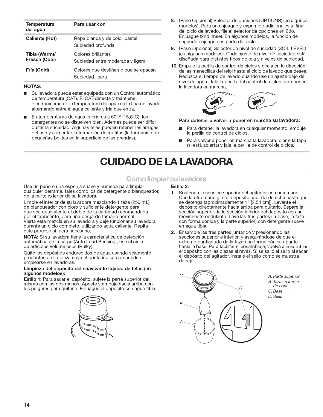 Kenmore 29522, W10026670B Temperatura, Del agua, Tibia Warm, Para detener o volver a porter en marcha su lavadora, Estilo 