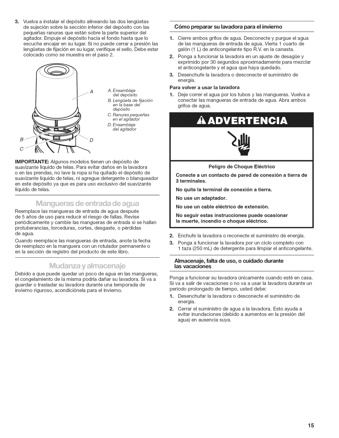 Kenmore W10026670B, 29522 manual C6mo preparar su lavadora para el invierno, Para volver a usar la lavadora 