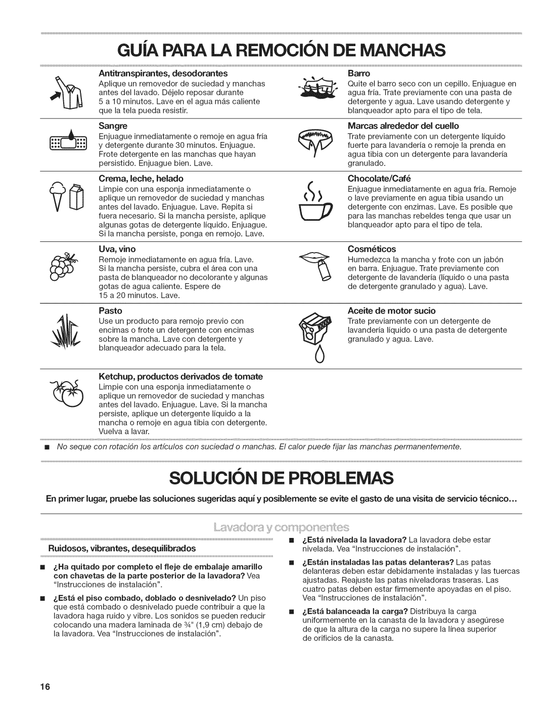 Kenmore 29522, W10026670B manual GUA Para LA Remocion DE Manchas 