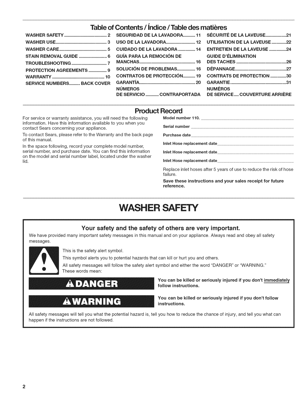 Kenmore 29522, W10026670B manual Washer Safety 