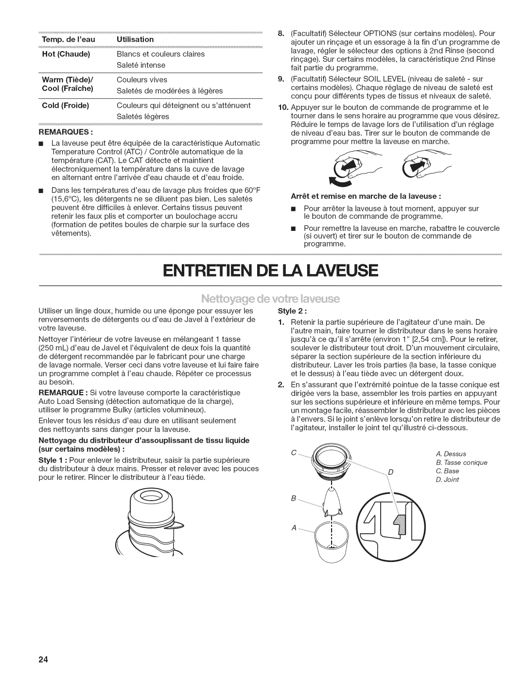 Kenmore 29522, W10026670B manual Entretien DE LA Laveuse, Remarques 