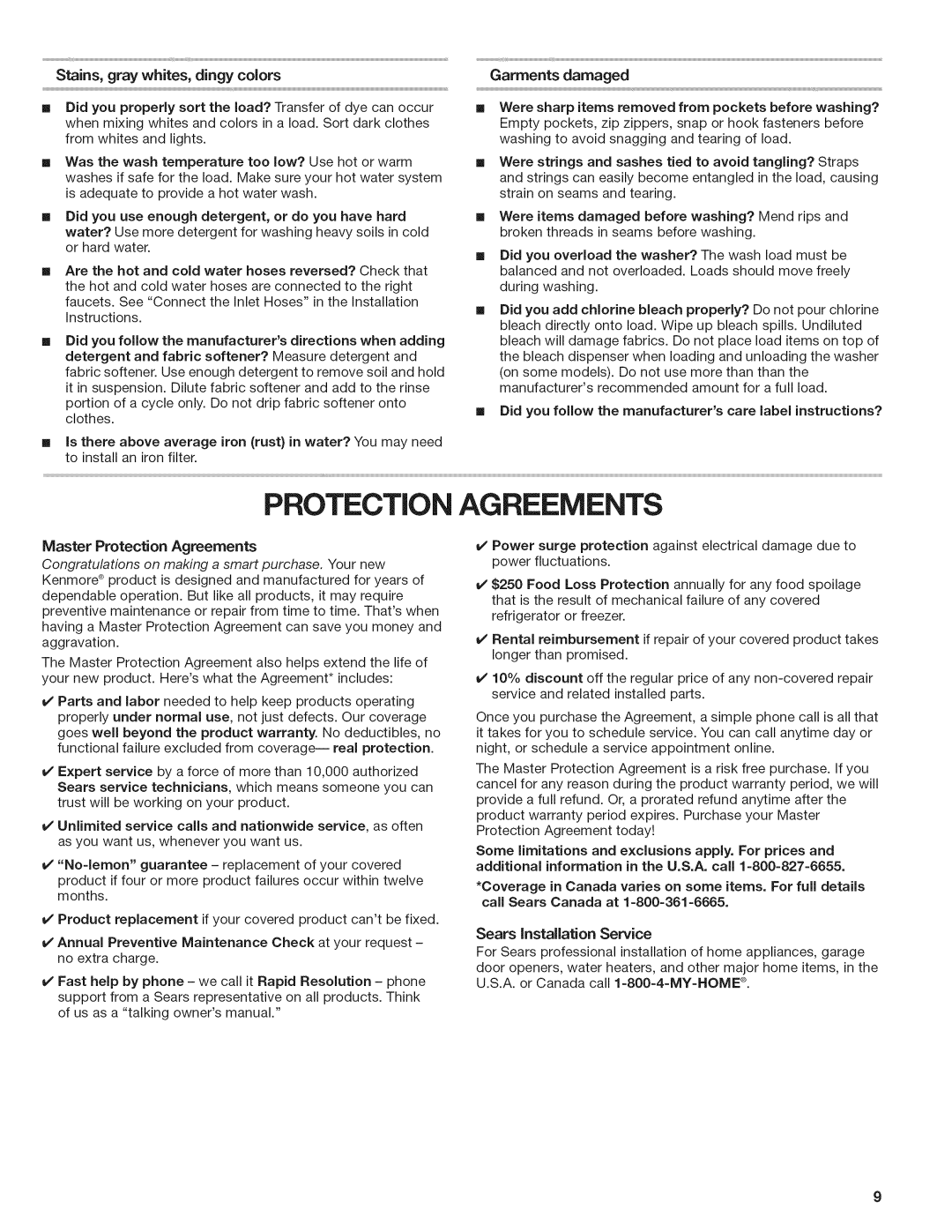 Kenmore W10026670B, 29522 manual Protection Agreements, Stains, gray whites, dingy colors, Garments damaged 