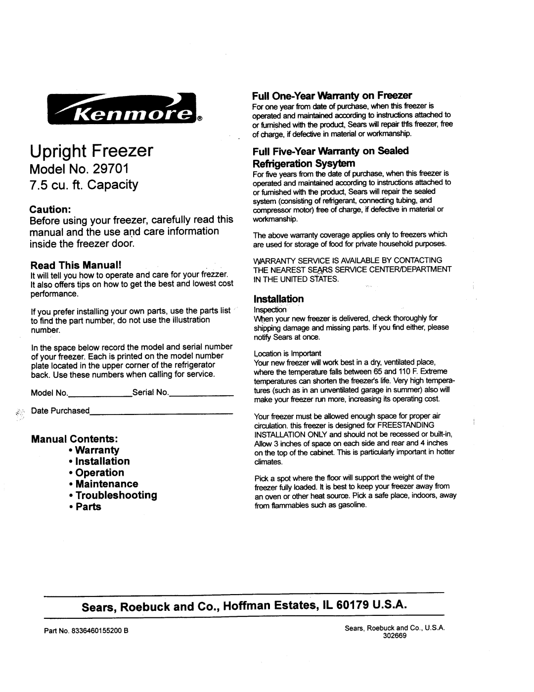 Kenmore 29701 warranty Upright Freezer, Sears, Roebuck and Co., Hoffman Estates, IL 60179 U.S.A 