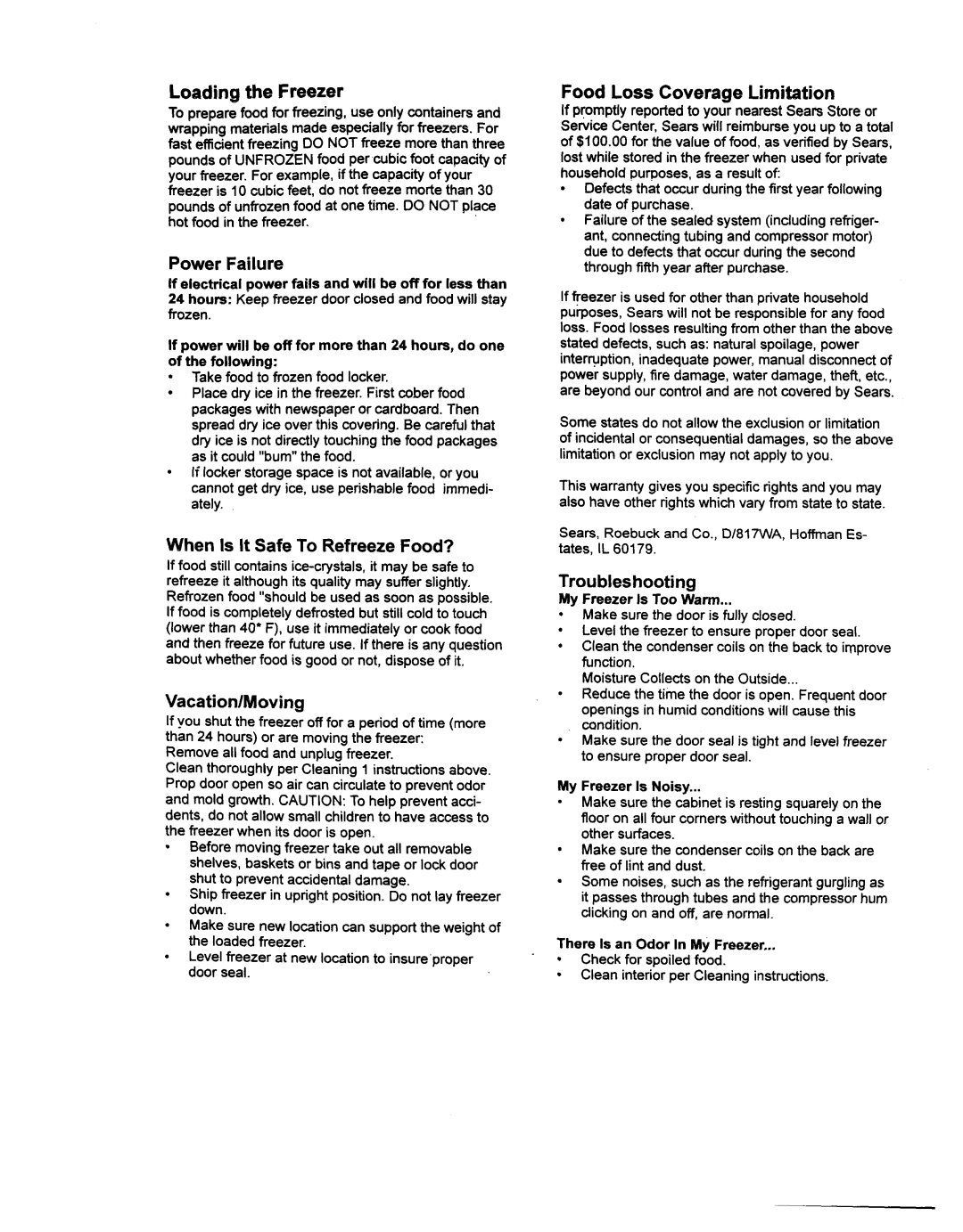 Kenmore 29701 warranty Loading the Freezer, Food Loss Coverage Limitation 